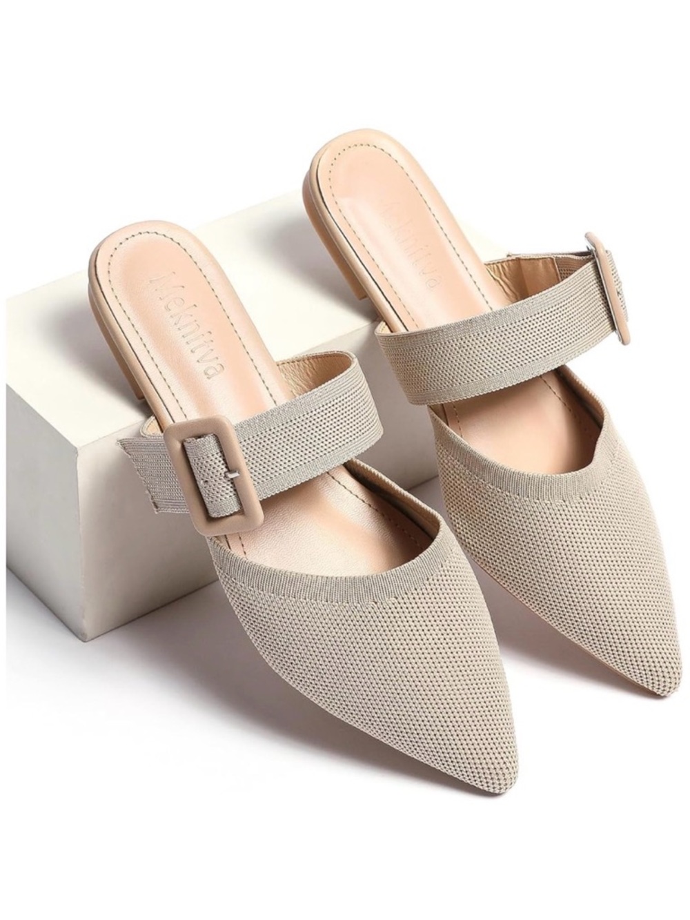 Meknitva Beige Pointed-Toe Knit Mule with Buckle Strap